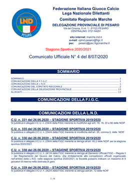 Comunicato Ufficiale N° 4 Del 8/07/2020