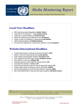 Media Monitoring Report United Nations Mission in Sudan/ Public Information Office