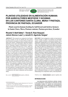 Plantas Utilizadas En Alimentación Humana Por Agricultores Mestizos Y Kichwas En Los Cantones Santa Clara, Mera Y Pastaza