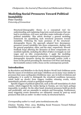 Modeling Social Pressures Toward Political Instability Peter Turchin University of Connecticut