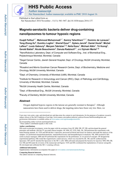 Magneto-Aerotactic Bacteria Deliver Drug-Containing Nanoliposomes to Tumour Hypoxic Regions