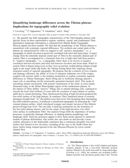 Quantifying Landscape Differences Across the Tibetan Plateau: Implications for Topographic Relief Evolution J