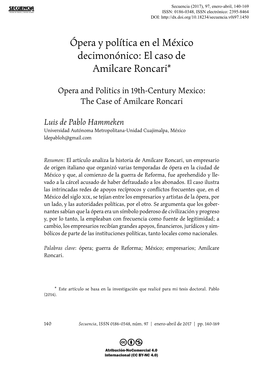 Ópera Y Política En El México Decimonónico: El Caso De Amilcare Roncari*