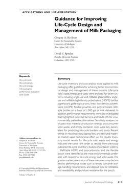 Guidance for Improving Life-Cycle Design and Management of Milk Packaging