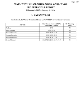 WAIO, WDVI, WHAM, WHTK, WKGS, WNBL, WVOR EEO PUBLIC FILE REPORT February 1, 2015 - January 31, 2016