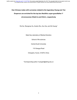 Han Chinese Males with Surnames Related to the Legendary Huang and Yan Emperors Are Enriched for the Top Two Neolithic Super-Gra