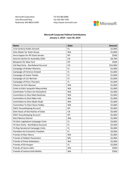 Microsoft Corporate Political Contributions January 1, 2019 – June 30, 2019