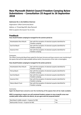 New Plymouth District Council Freedom Camping Bylaw Submissions – Consultation 25 August to 26 September 2018