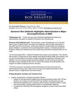 Governor Ron Desantis Highlights Administration's Major Accomplishments of 2020