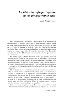 La Historiografía Portuguesa En Los Últimos Veinte Años