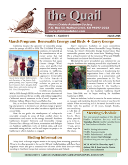 March Program: Renewable Energy and Birds Garry George Meeting Schedule