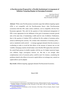 A Post-Keynesian Proposal for a Flexible Institutional Arrangement of Inflation Targeting Regime in Emerging Economies