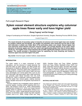 Xylem Vessel Element Structure Explains Why Columnar Apple Trees Flower Early and Have Higher Yield