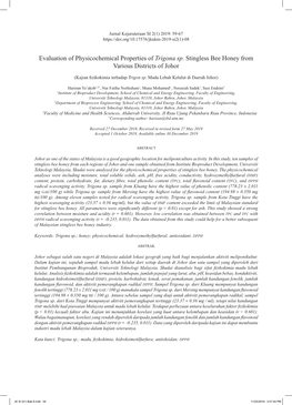 Evaluation of Physicochemical Properties of Trigona Sp. Stingless Bee Honey from Various Districts of Johor