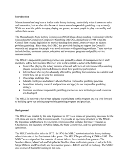 Introduction Massachusetts Has Long Been a Leader in the Lottery Industry, Particularly When It Comes to Sales and Innovation, B