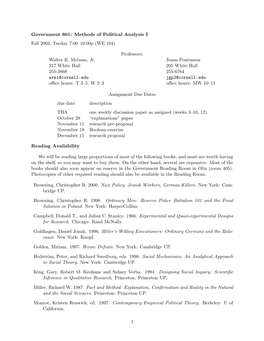 Government 601: Methods of Political Analysis I Fall 2003, Tueday 7:00–10:00P (WE 104)