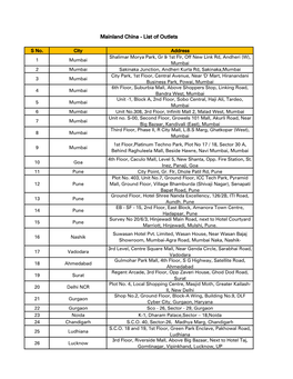 Mainland China - List of Outlets