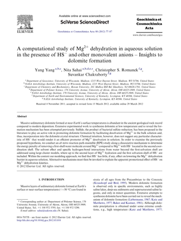 A Computational Study of Mg2+ Dehydration in Aqueous Solution in the Presence of HS� and Other Monovalent Anions – Insights to Dolomite Formation