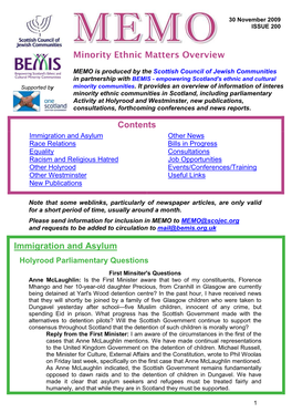 MEMO Is Produced by the Scottish Council of Jewish Communities in Partnership with BEMIS - Empowering Scotland's Ethnic and Cultural