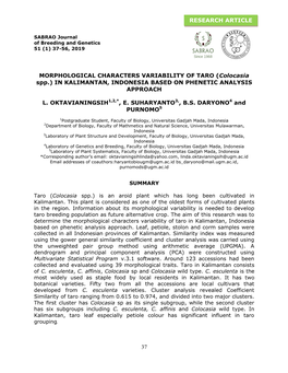 MORPHOLOGICAL CHARACTERS VARIABILITY of TARO (Colocasia Spp.) in KALIMANTAN, INDONESIA BASED on PHENETIC ANALYSIS APPROACH