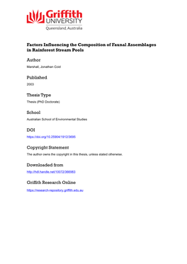 Factors Influencing the Composition of Faunal Assemblages in Rainforest Stream Pools