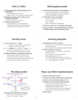 DAC Vs. MAC Bell-Lapadula Model Security Levels Security Properties