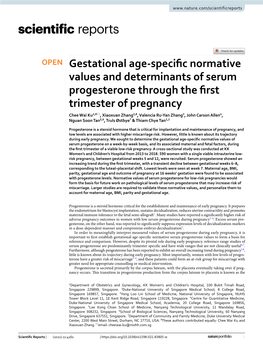 Gestational Age-Specific Normative Values and Determinants of Serum Progesterone Through the First Trimester of Pregnancy