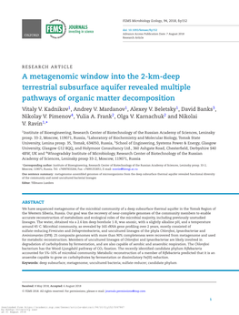 A Metagenomic Window Into the 2-Km-Deep Terrestrial Subsurface Aquifer Revealed Multiple Pathways of Organic Matter Decomposition Vitaly V