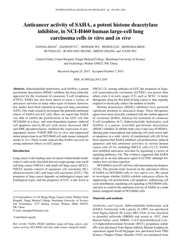 Anticancer Activity of SAHA, a Potent Histone Deacetylase Inhibitor, in NCI-H460 Human Large-Cell Lung Carcinoma Cells in Vitro and in Vivo