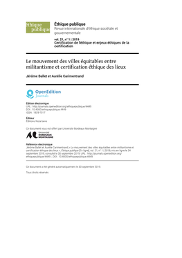 Éthique Publique, Vol. 21, N° 1 | 2019 Le Mouvement Des Villes Équitables Entre Militantisme Et Certification Éthiqu