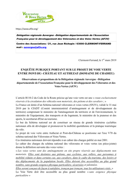 Enquête Publique Portant Sur Le Projet De Voie Verte Entre Pont-Du- Château Et Authezat (Domaine De Chadieu)