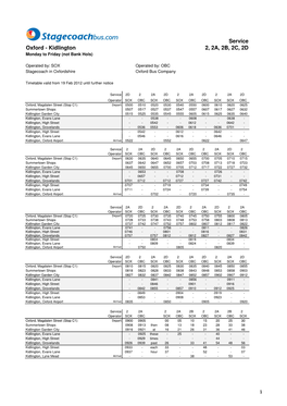 Service Oxford - Kidlington 2, 2A, 2B, 2C, 2D Monday to Friday (Not Bank Hols)