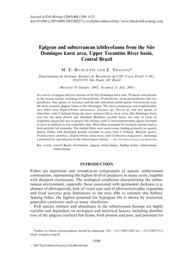 Epigean and Subterranean Ichthyofauna from the Sa˜O Domingos Karst Area, Upper Tocantins River Basin, Central Brazil