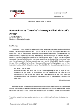 Norman Bates As “One of Us”: Freakery in Alfred Hitchcock’S Psycho1 Amanda Roberts Northern Illinois University