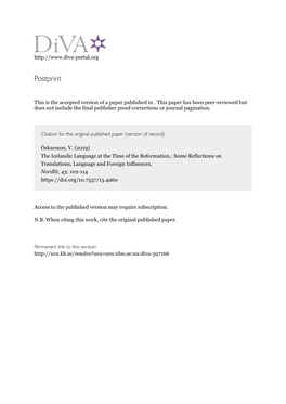 The Icelandic Language at the Time of the Reformation.: Some Reflections on Translations, Language and Foreign Influences