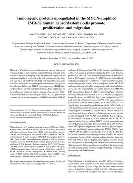 Tumorigenic Proteins Upregulated in the MYCN-Amplified IMR-32 Human Neuroblastoma Cells Promote Proliferation and Migration