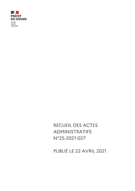 Recueil Des Actes Administratifs N°25-2021-027 Du 22 Avril 2021