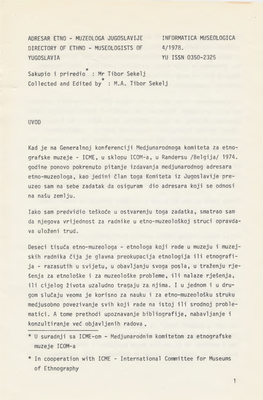 Adresar Etno - Muzeologa Jugoslavije Informatica Museologica Directory of Ethno - Museologists of 4/1978
