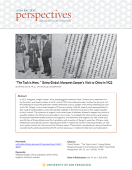 “The Task Is Hers: ” Going Global, Margaret Sanger's Visit to China in 1922