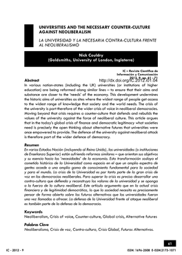 Universities and the Necessary Counter-Culture Against Neoliberalism La Universidad Y La Necesaria Contra-Cultura Frente Al Neoliberalismo