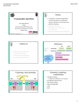 Cryptographic Algorithms Outline Outline (2) Definitions Cryptology