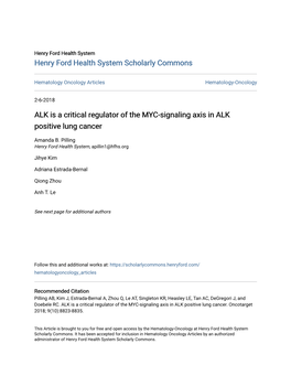 ALK Is a Critical Regulator of the MYC-Signaling Axis in ALK Positive Lung Cancer