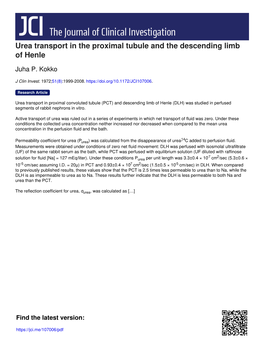 Urea Transport in the Proximal Tubule and the Descending Limb of Henle