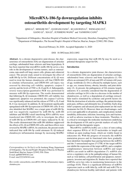 Microrna‑186‑5P Downregulation Inhibits Osteoarthritis Development by Targeting MAPK1