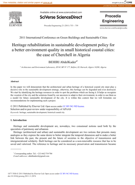 Heritage Rehabilitation in Sustainable Development Policy for a Better Environment Quality in Small Historical Coastal Cities: the Case of Cherchell in Algeria