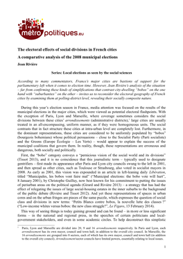 The Electoral Effects of Social Divisions in French Cities a Comparative Analysis of the 2008 Municipal Elections Jean Rivière