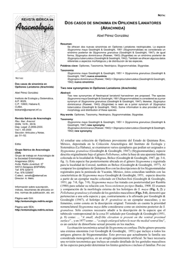 Dos Casos De Sinonimia En Opiliones Laniatores (Arachnida)