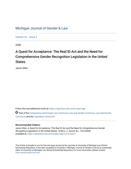 A Quest for Acceptance: the Real ID Act and the Need for Comprehensive Gender Recognition Legislation in the United States
