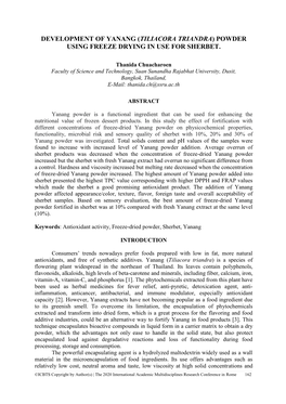 Development of Yanang (Tiliacora Triandra) Powder Using Freeze Drying in Use for Sherbet