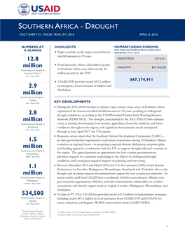 Southern Africa - Drought Fact Sheet #1, Fiscal Year (Fy) 2016 April 8, 2016